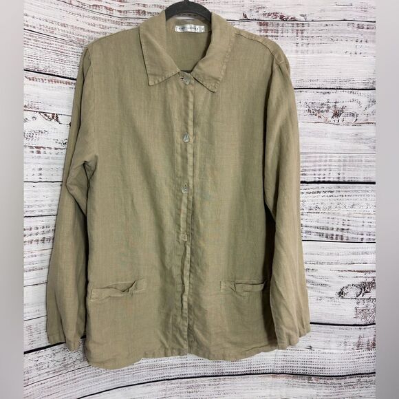 Cut loose Top womens Size XL button up linen shirt olive green Tunic minimalist - Picture 2 of 10